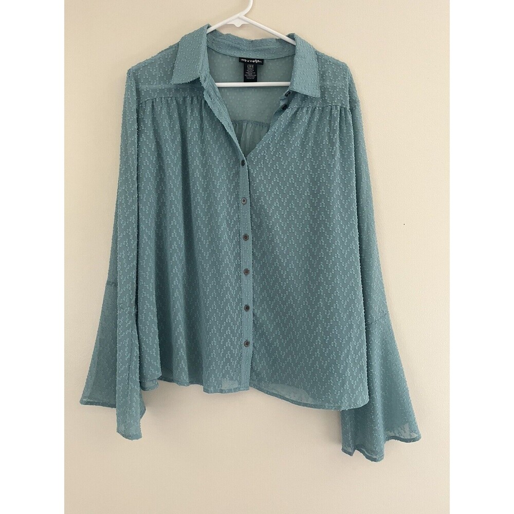 Wrangler Retro Women’s Blouse Turquoise Bell Sleeves Sheer Button-Up Large